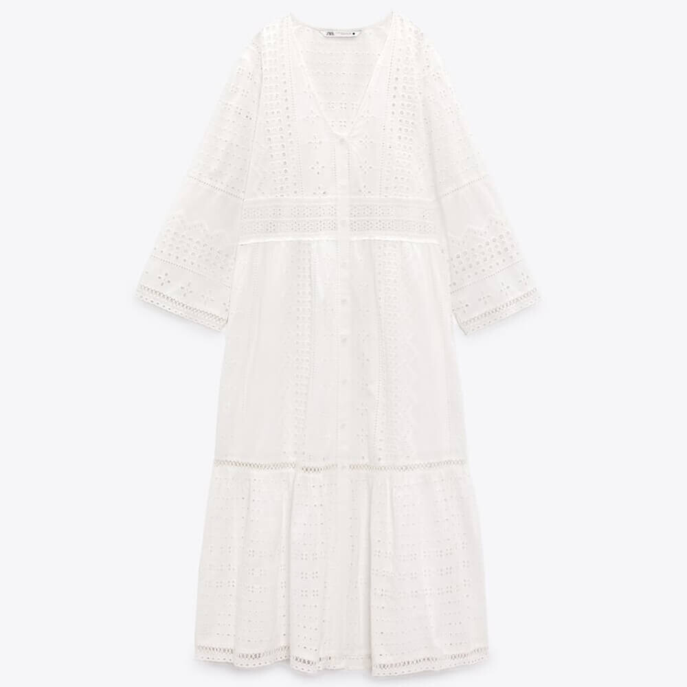 

Платье Zara With Cutwork Embroidery, желтовато-белый