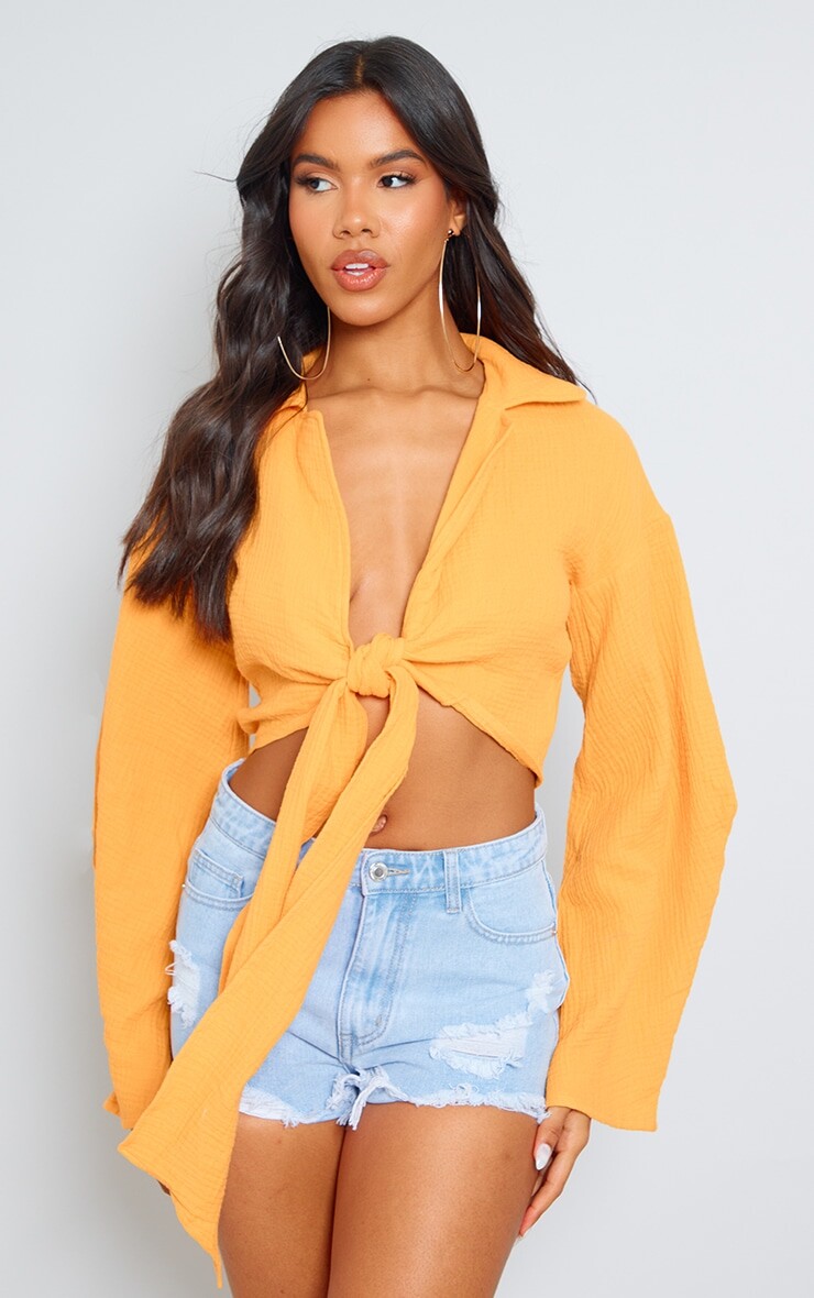 

PrettyLittleThing Ярко-оранжевая объемная рубашка с текстурой и завязкой спереди