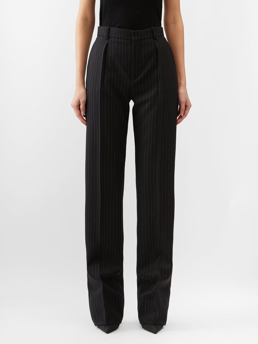 

Широкие брюки из шерсти в тонкую полоску Saint Laurent, черный