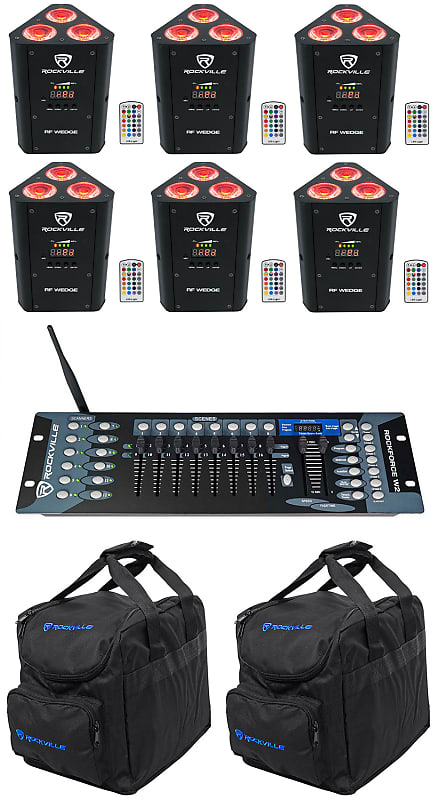 Комплект Rockville RF WEDGE BLACK RGBWA + UV Battery Wireless DMX Lights + Сумки + Контроллер RF WEDGE BLACK + Rockforce W2 + RLB25