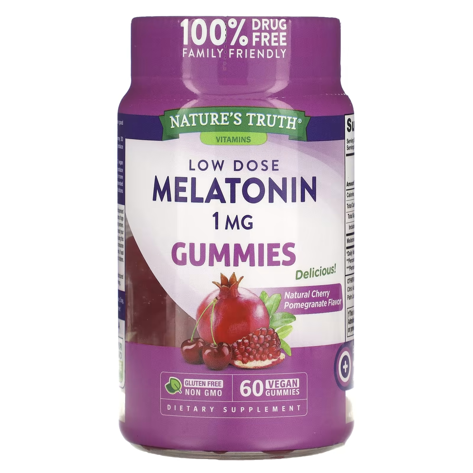 Nature's Truth Мелатонин в низкой дозе натуральный вишневый гранат 1 мг, 60 веганских мармеладок