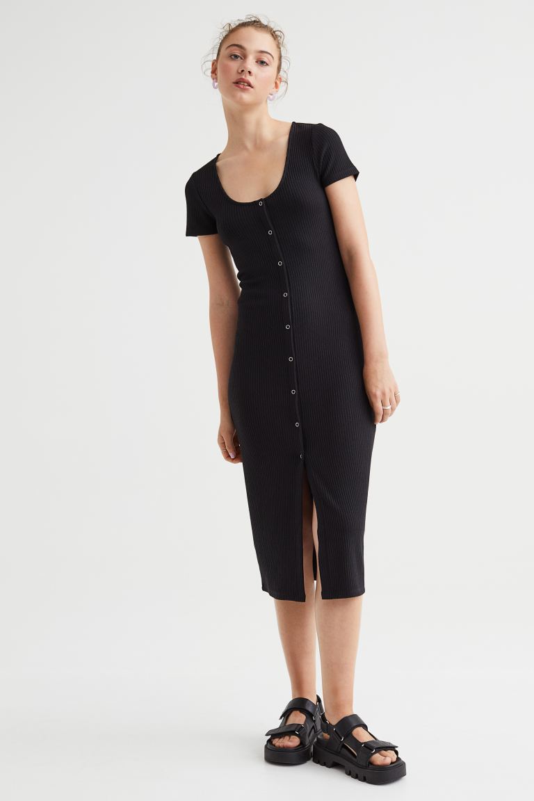 Трикотажное платье в рубчик H&M, черный облегающее платье из трикотажа в рубчик h