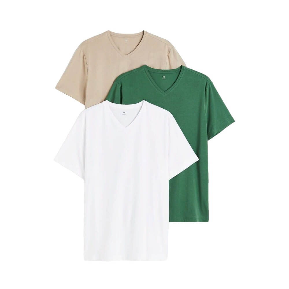 

Комплект облегающих футболок H&M V-neck, 3 штуки, белый/бежевый/зеленый