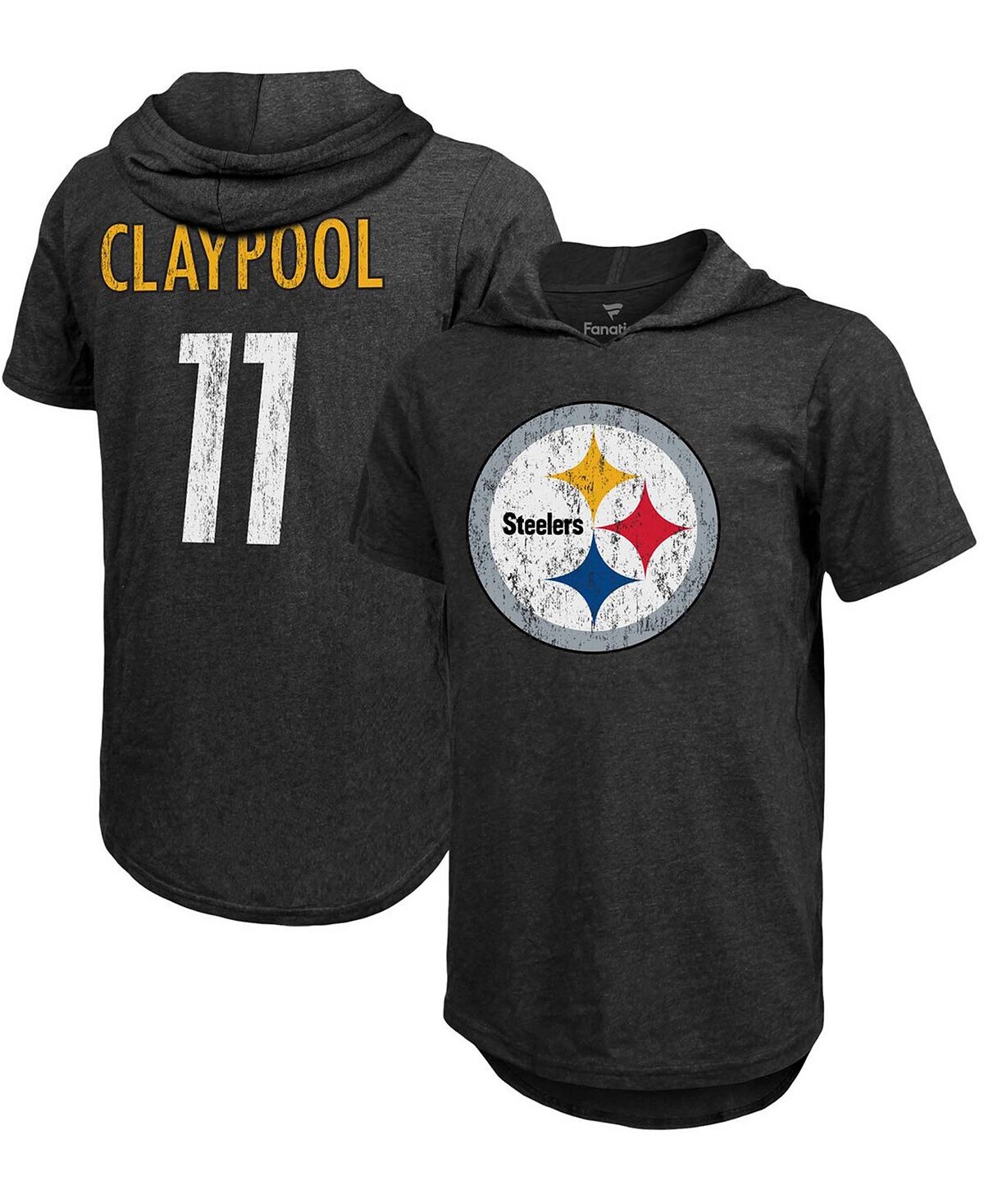 

Мужская футболка с капюшоном chase claypool heathered black pittsburgh steelers с именем и номером tri-blend Fanatics, черный