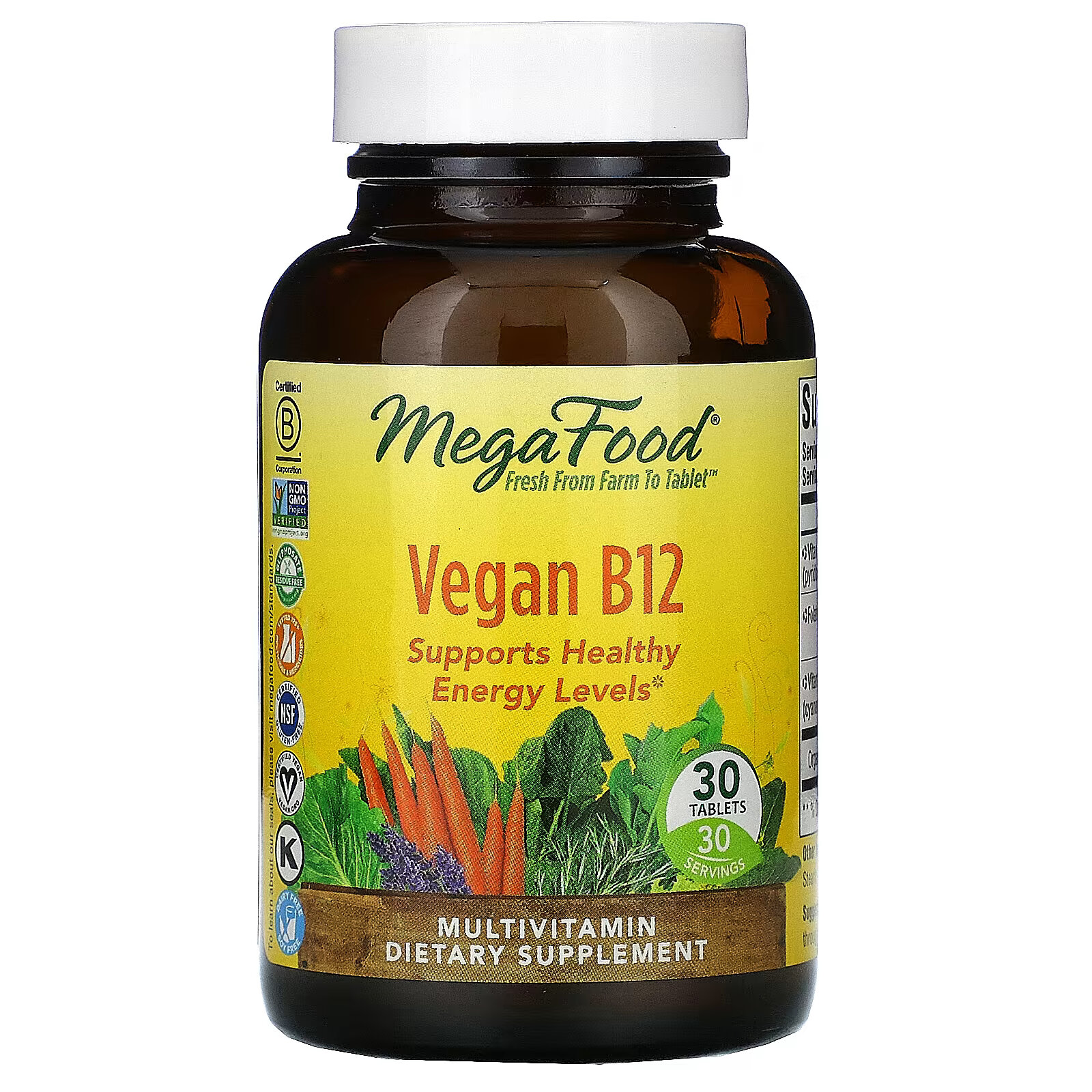 MegaFood, веганский витамин B12, 30 таблеток megafood b12 energy ginger 70 gummies