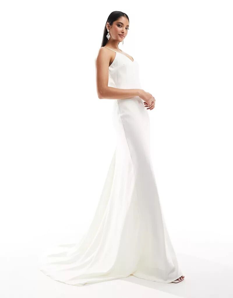 

Свадебное платье макси Y.A.S Bridal из белого атласа с узкими бретелями и шлейфом