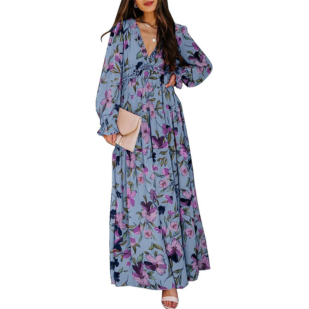 Платье Blencot Casual Floral Deep V Neck Long Sleeve, синий женское платье макси в стиле бохо летнее платье с цветочным принтом и вырезом лодочкой вечерние платья оптовая продажа прямая поставка
