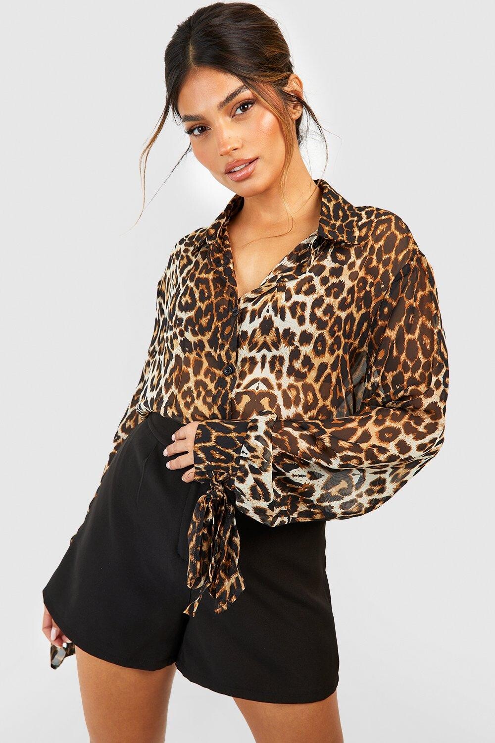 

Рубашка оверсайз с леопардовым шифоном и завязкой на манжетах Boohoo, коричневый