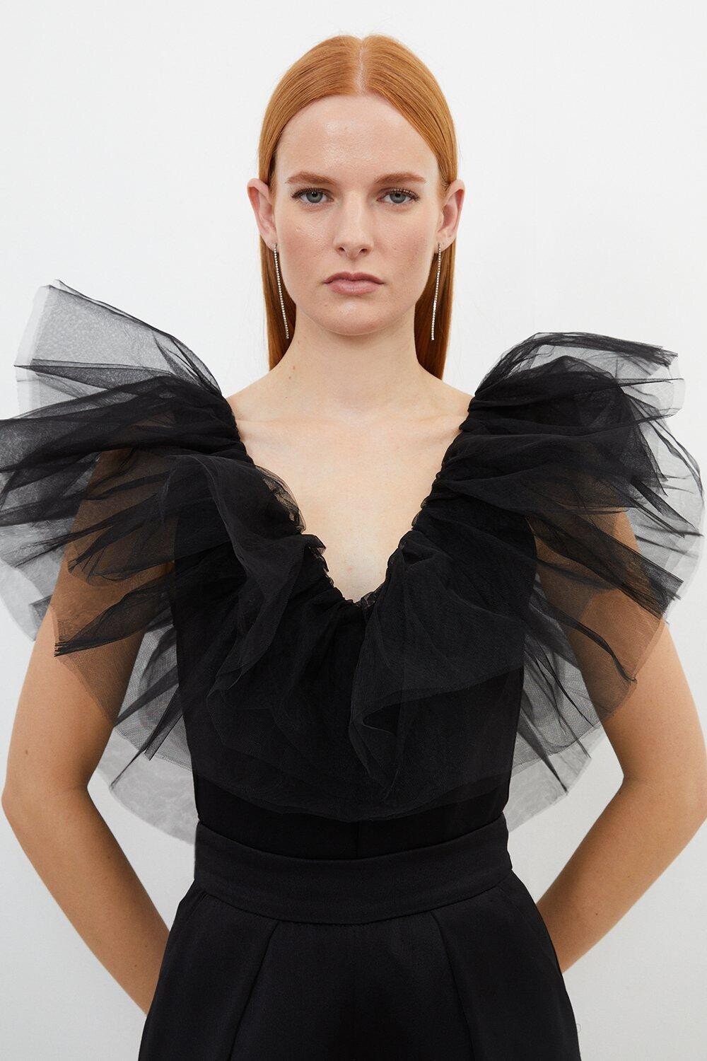 

Трикотажное боди с глубоким вырезом Ponte And Tulle Drama Karen Millen, черный