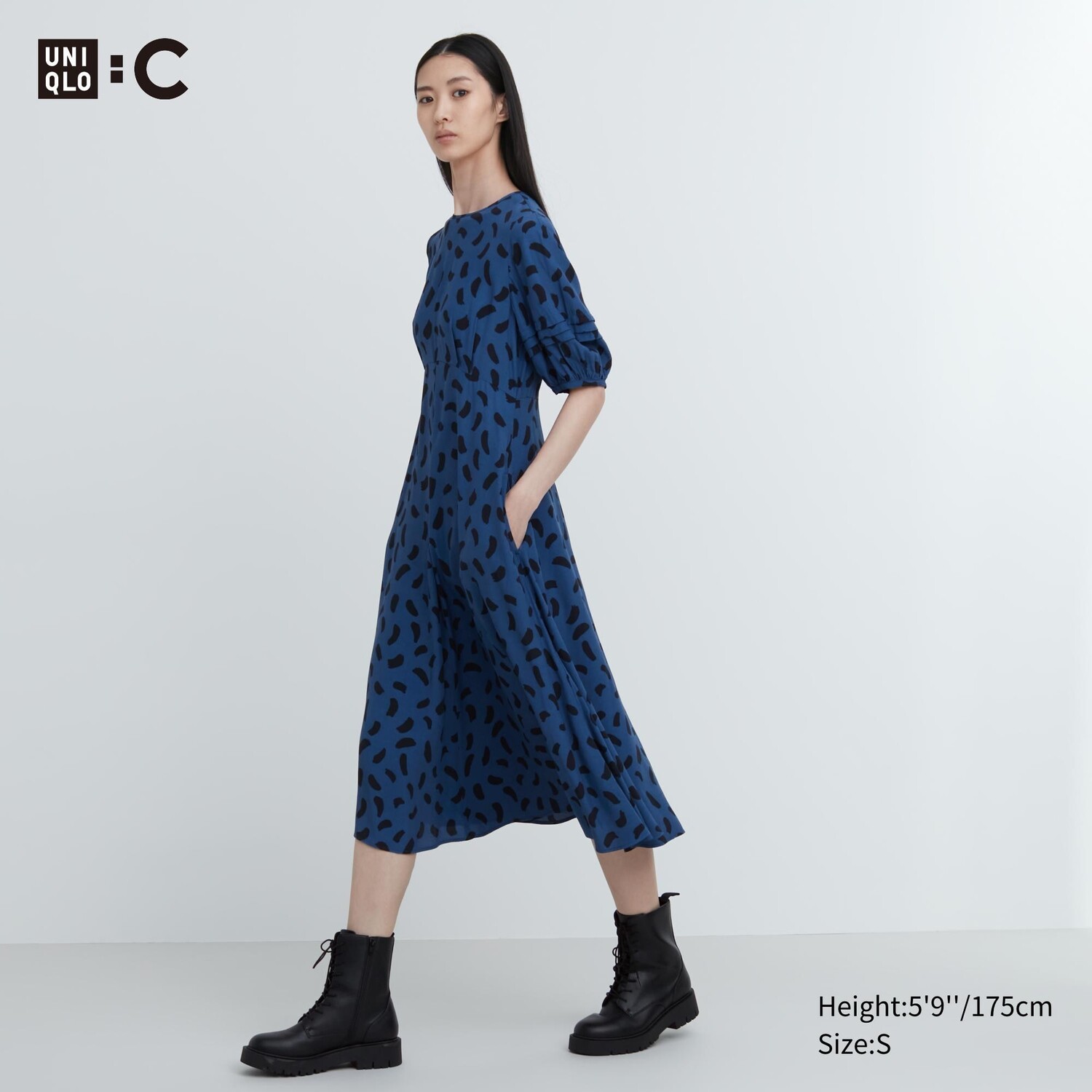 

Платье с объемными рукавами и принтом Uniqlo, синий