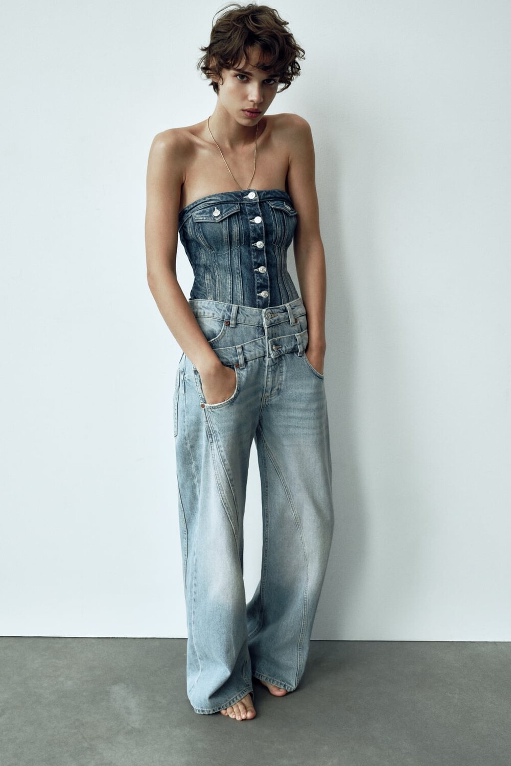 

Джинсы TRF с широким поясом и двойным поясом ZARA, синий