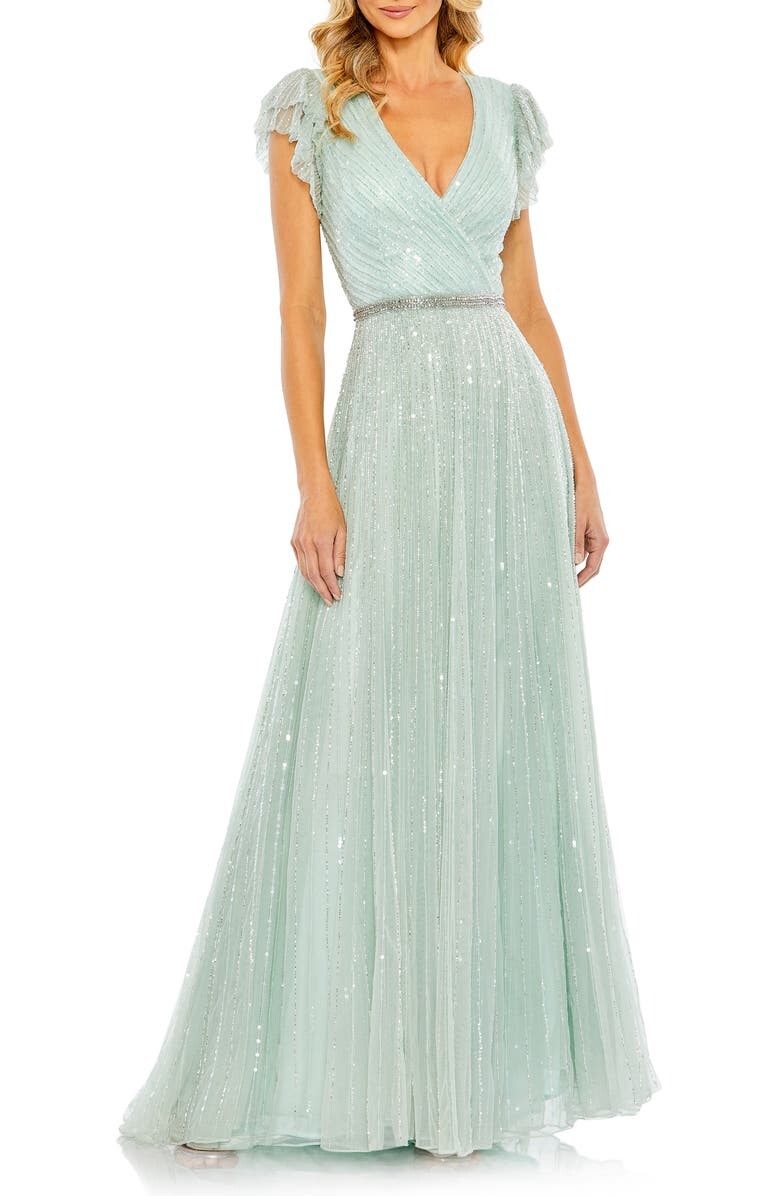 

Платье трапециевидной формы из тюля с короткими рукавами и бусинами MAC DUGGAL