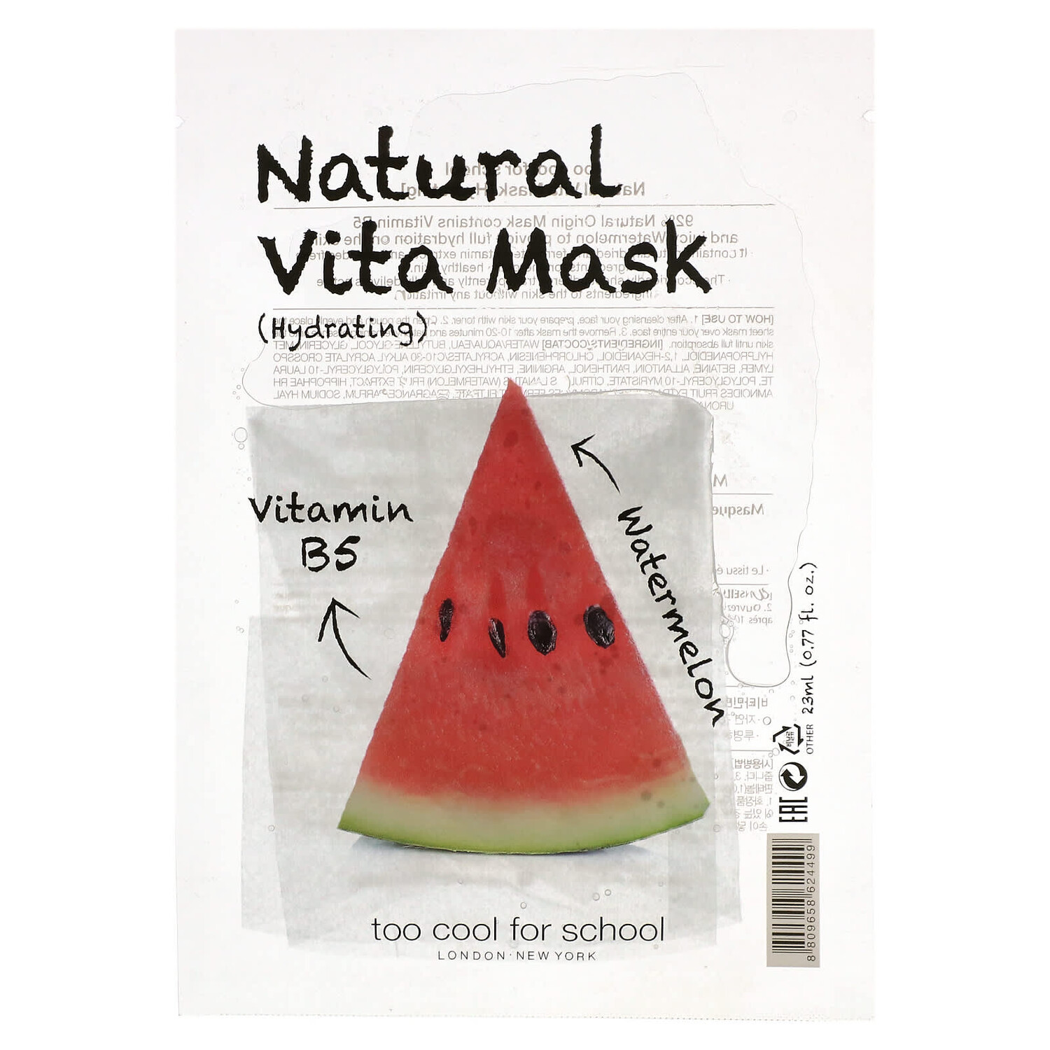 

Маска Natural Vita Beauty (увлажняющая) с витамином B5 и арбузом, 1 лист, 0,77 жидких унций (23 мл), Too Cool for School