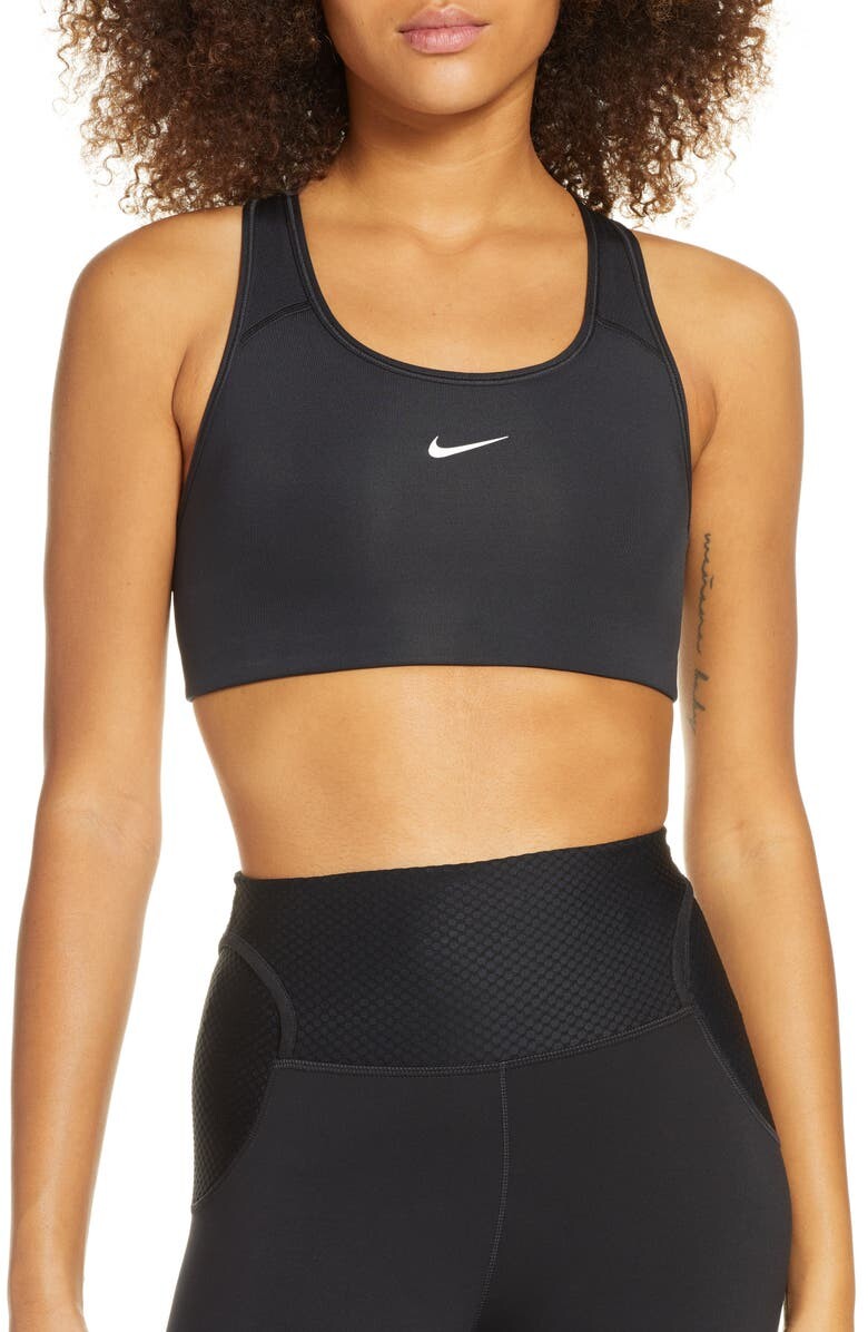 

Спортивное бра Swoosh Dri-FIT со спиной-борцовкой NIKE, черно-белый