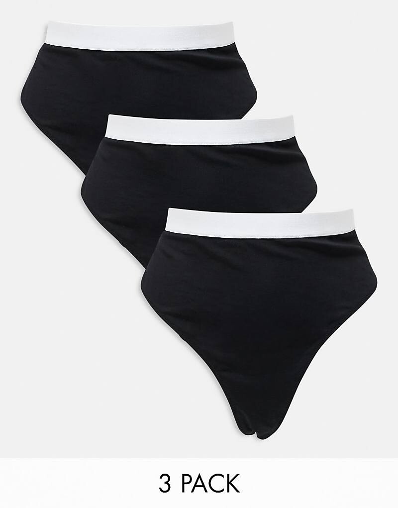 

ASOS DESIGN Curve – Lillie – Комплект из 3 пар черных хлопковых стрингов с тесьмой на талии