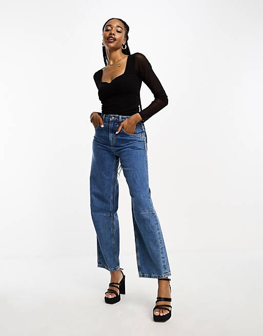 

Черное боди с вырезом в форме сердца и сетчатыми рукавами ASOS DESIGN Tall