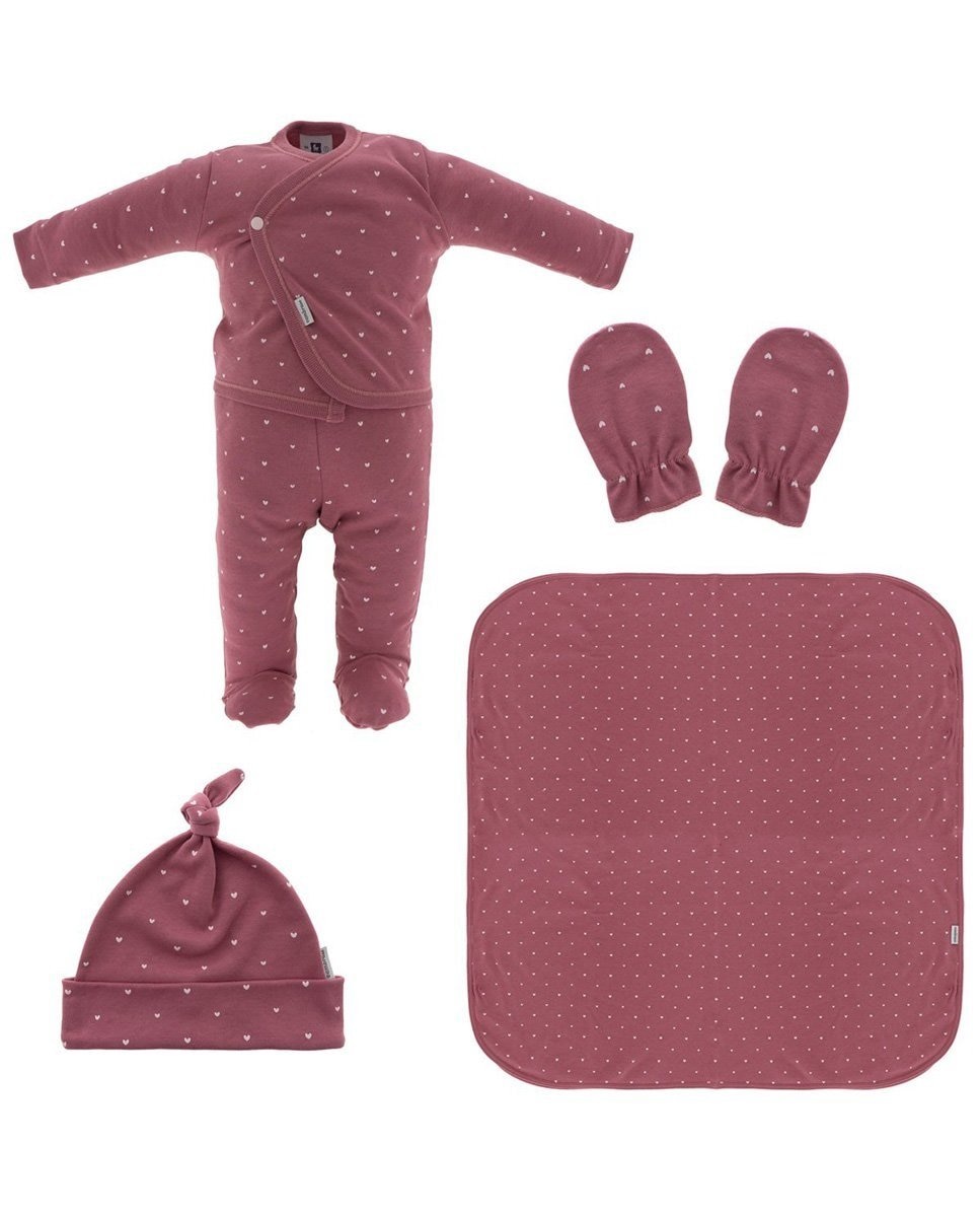 Малиновый комплект из пяти предметов первой одежды для девочки с сердечками Cambrass, розовый