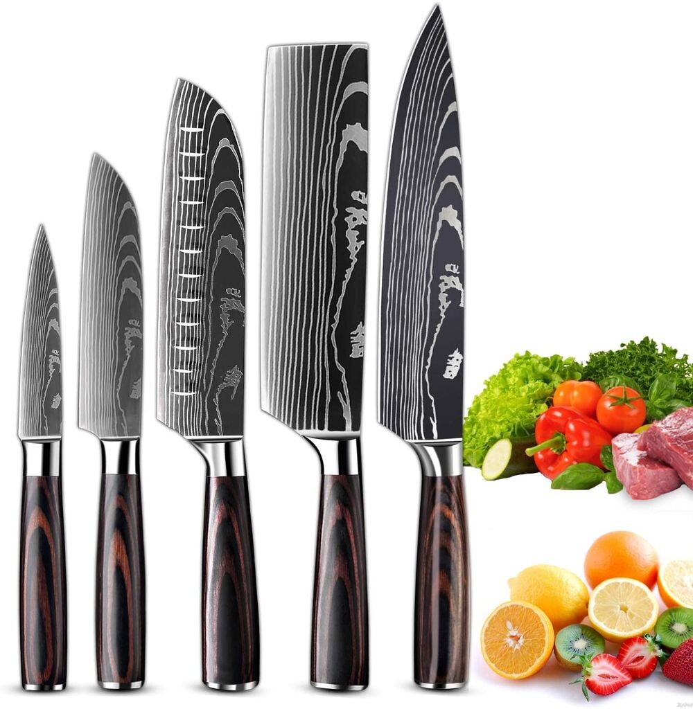 

Набор кухонных ножей, 5 шт., острый поварской нож, нож Santoku, универсальный нож, ручка Pakkawood для овощей, мяса, фруктов ZENG