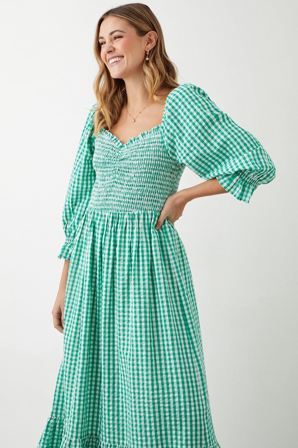 

Зеленое платье миди с присборкой в ​​мелкую клетку Dorothy Perkins, зеленый