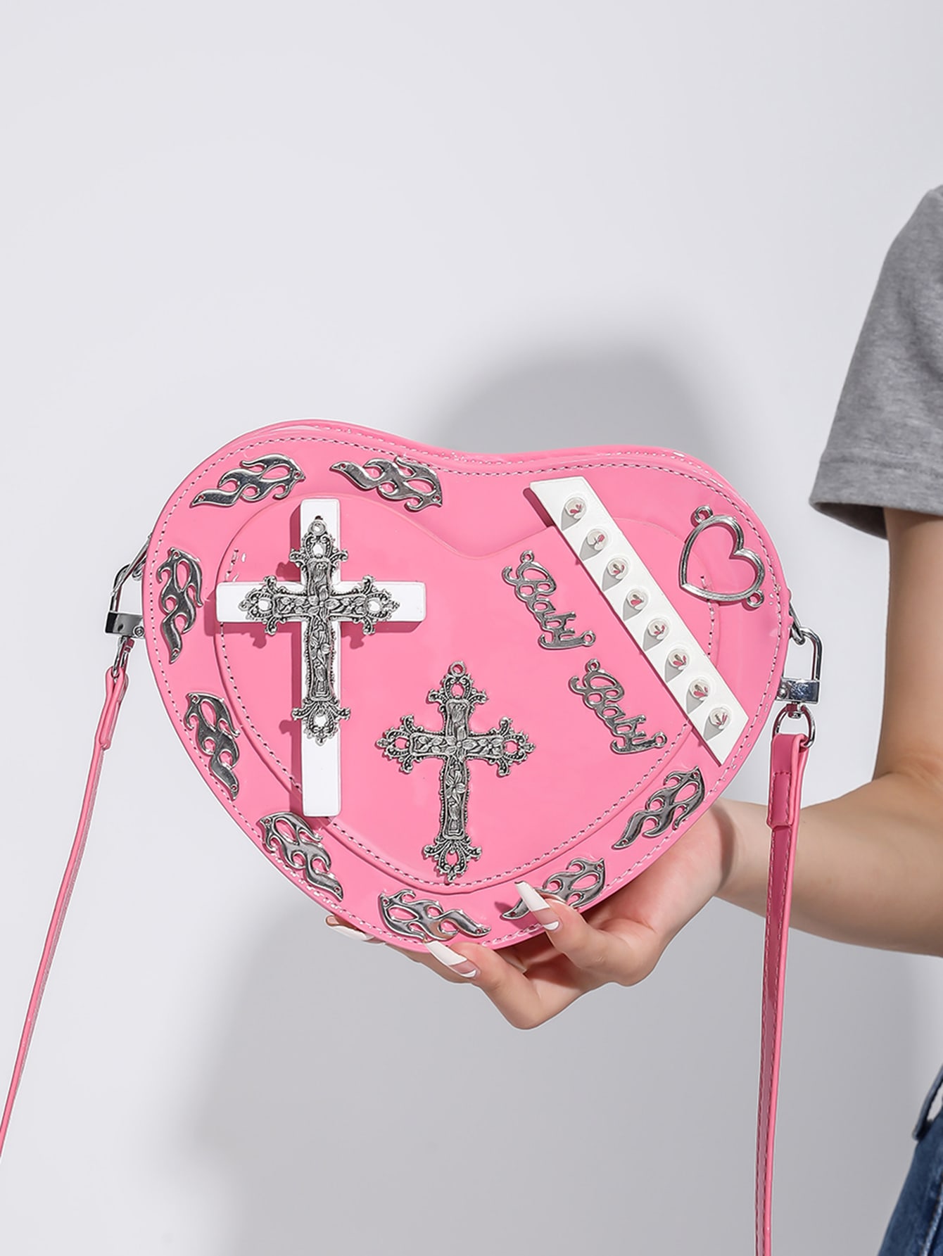 Стиль фанк-панк Сумки-сумки с заклепками в форме сердца в стиле Y2K, детский розовый женская сетчатая футболка dourbesty облегающий топ с длинным рукавом в готическом стиле летняя футболка в стиле панк y2k