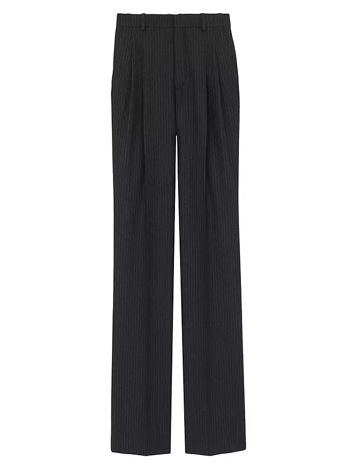 Широкие брюки из шерстяной фланели в полоску Saint Laurent, цвет noir craie
