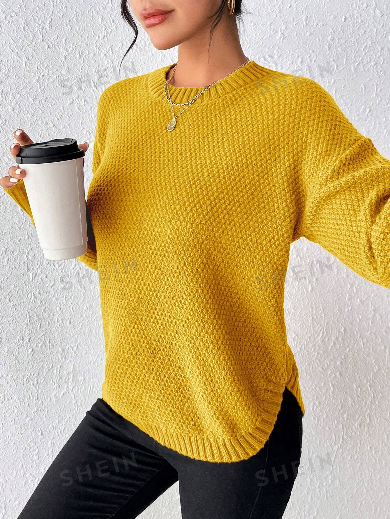 SHEIN Essnce однотонный свитер свободного кроя с разрезом по бокам и заниженной линией плеч, желтый