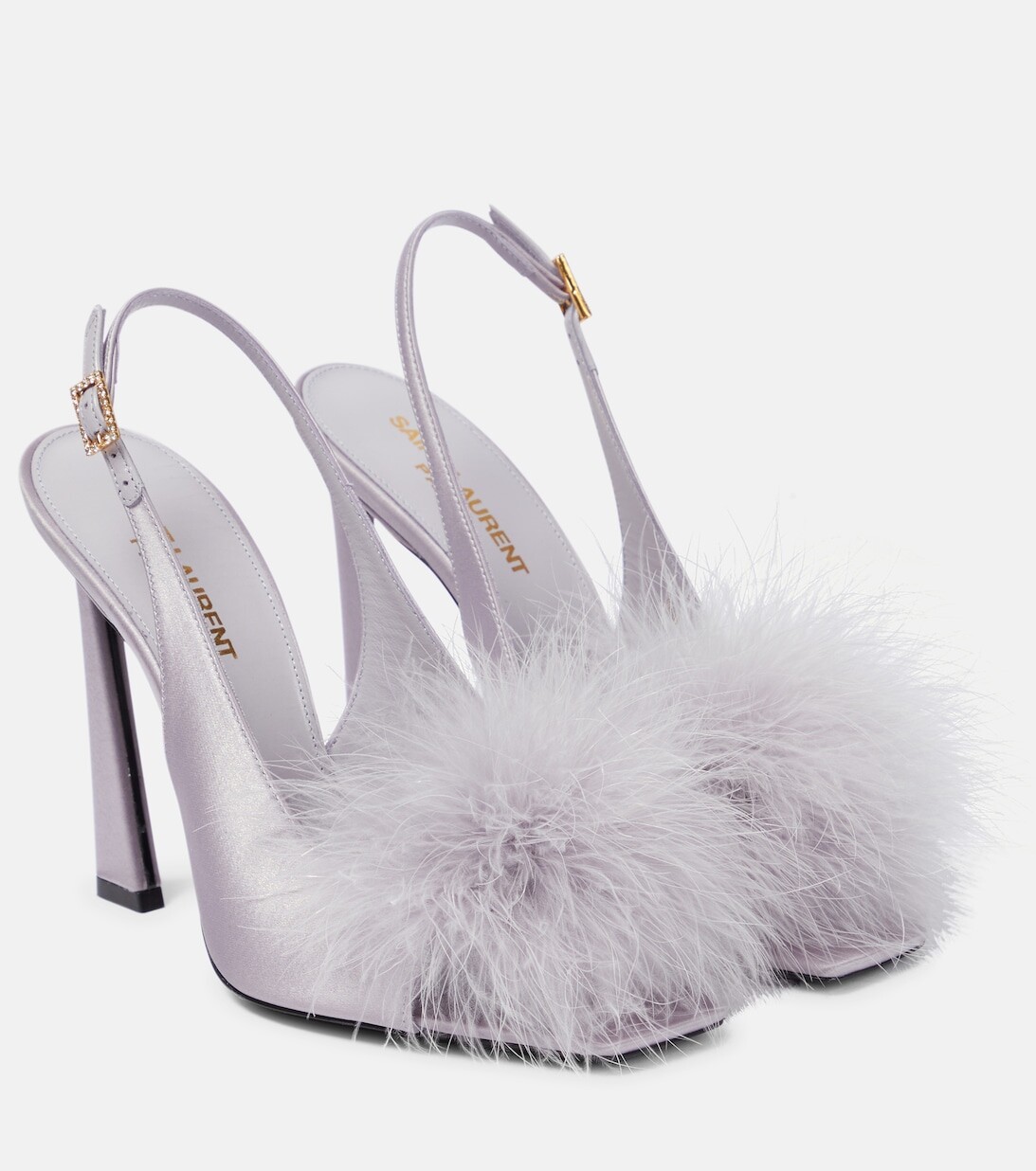

Босоножки Mae 110 с ремешком на пятке и перьями Saint Laurent, серый