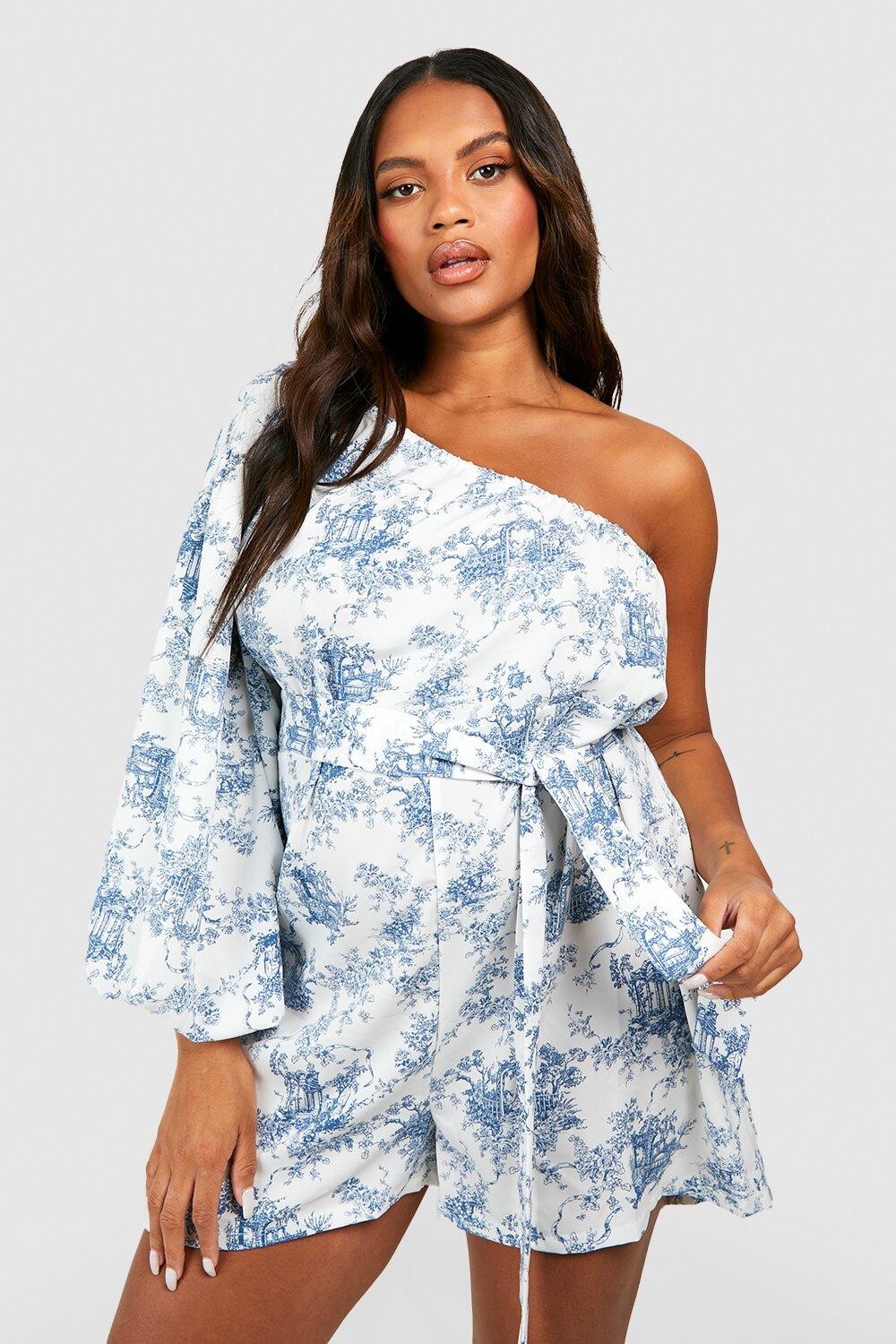 

Комбинезон плюс фарфоровый тканый комбинезон на одно плечо с поясом Boohoo, синий
