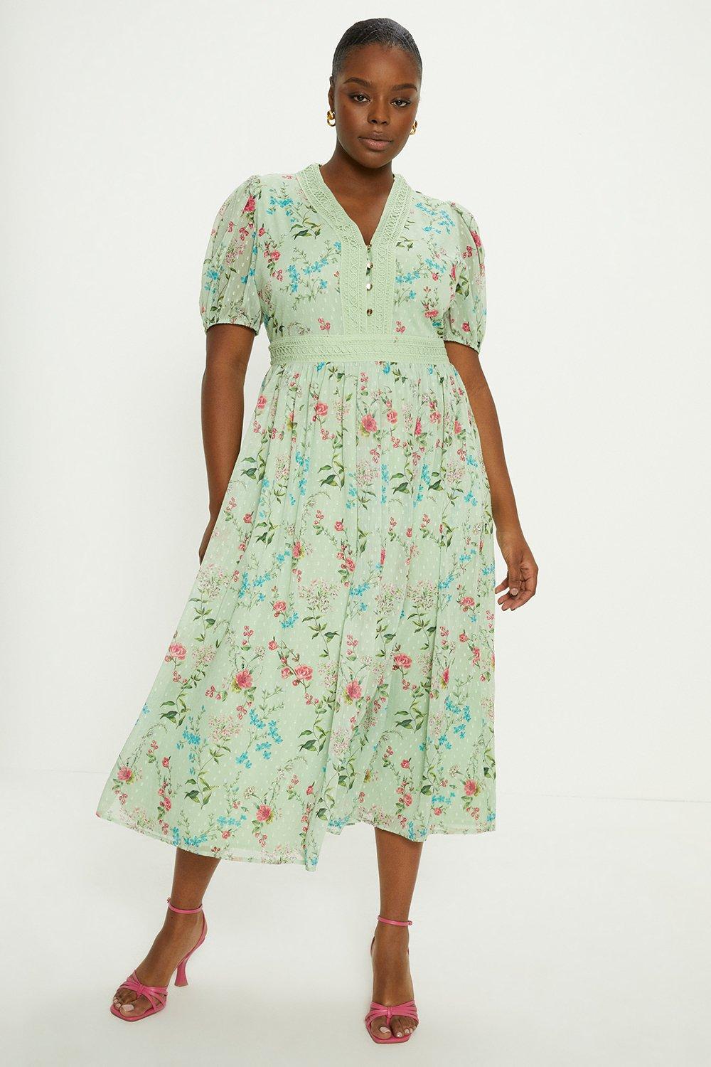 Платье миди с нежным цветочным принтом и V-образным вырезом Curve Oasis, зеленый