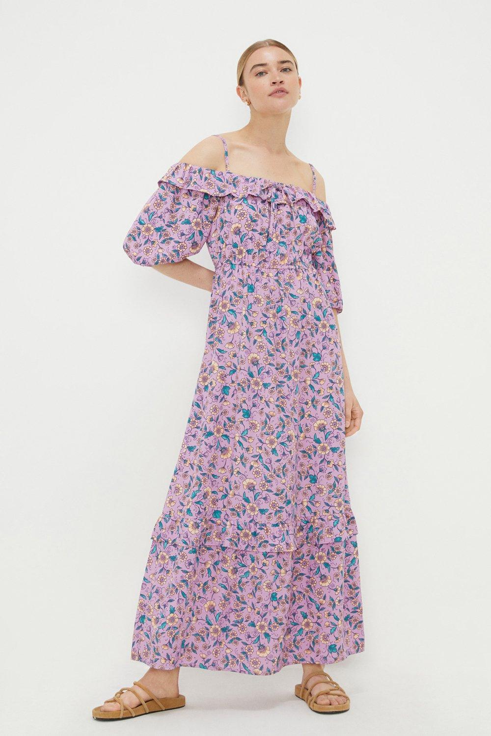 цена Пурпурное платье миди с бардо и цветочным принтом Dorothy Perkins, фиолетовый