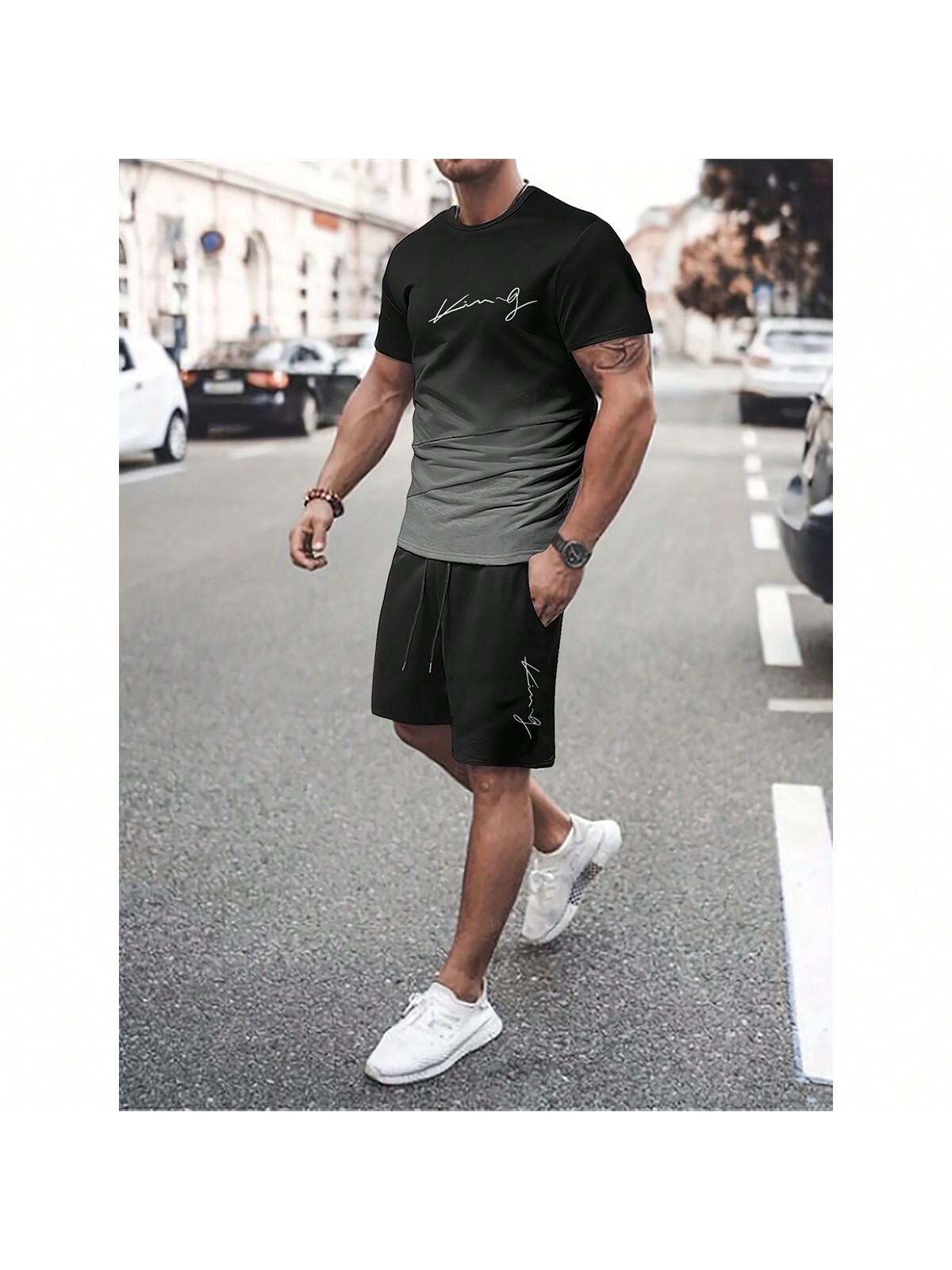 Мужской спортивный костюм Футболки и шорты с 3D-принтом в винтажном стиле Спортивные футболки с круглым вырезом Костюмы Уличная уличная одежда с коротким рукавом, черный фото