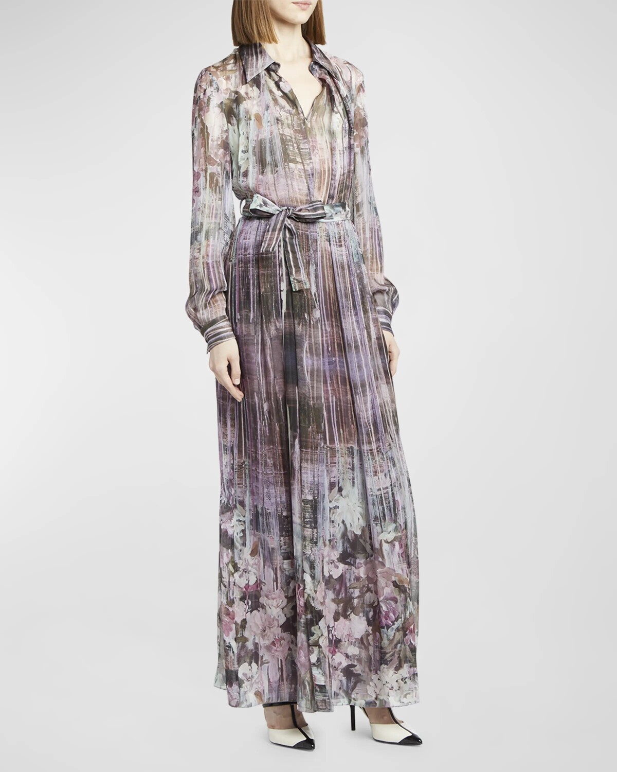 

Платье-рубашка макси из шифона с принтом и длинными рукавами Alberta Ferretti, цвет Violet Multi