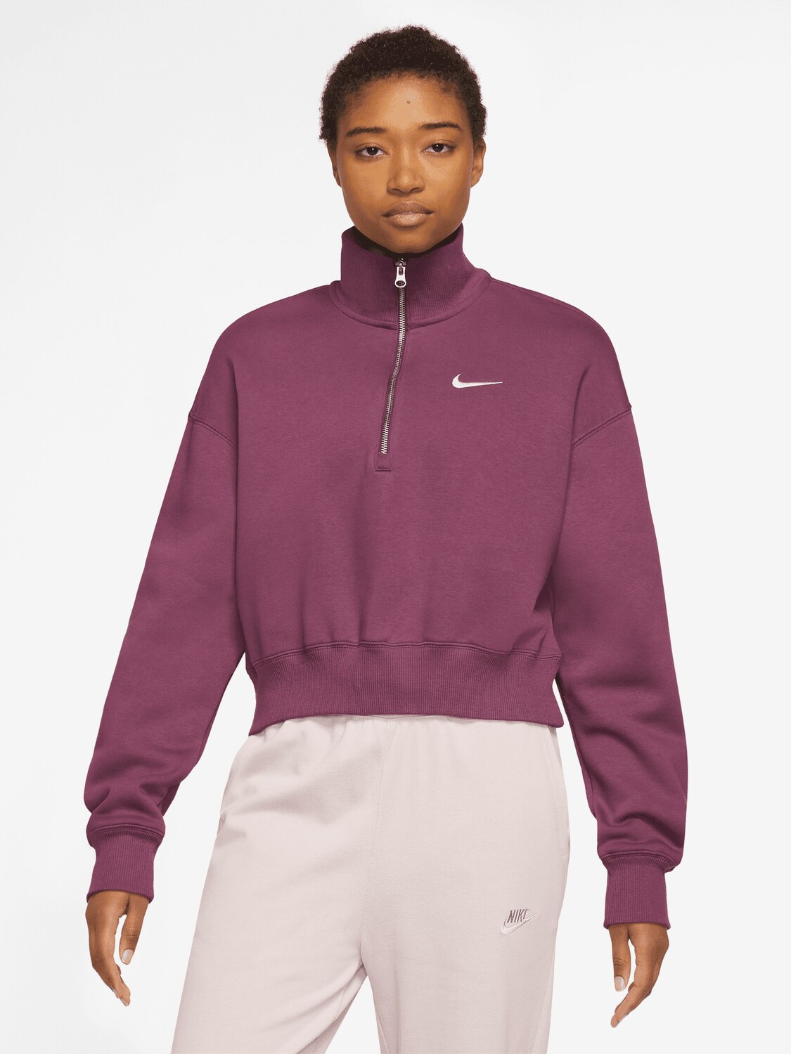 

Укороченный флисовый свитшот Phoenix Oversize с молнией до половины — женский Nike, розовый