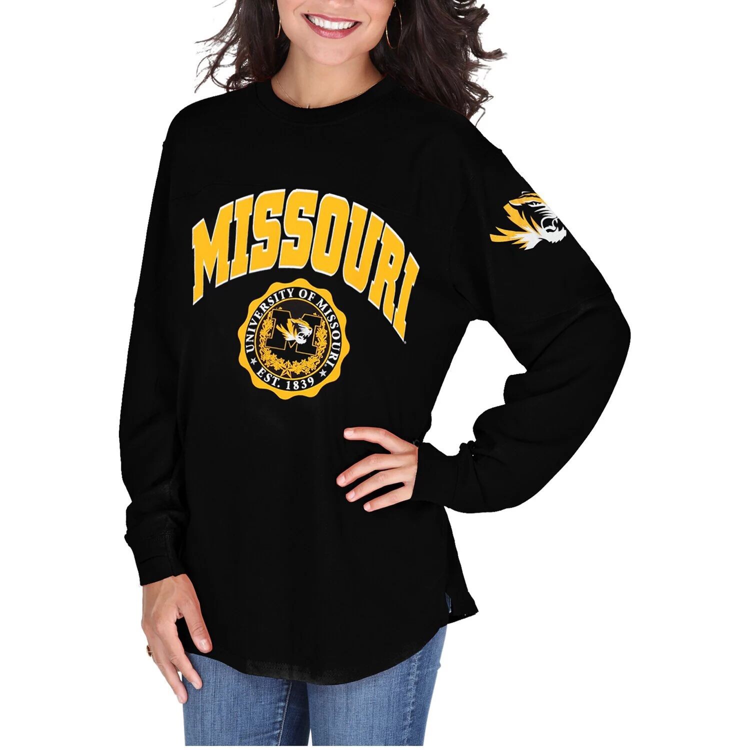 

Женский черный топ оверсайз с длинными рукавами Missouri Tigers Edith Pressbox
