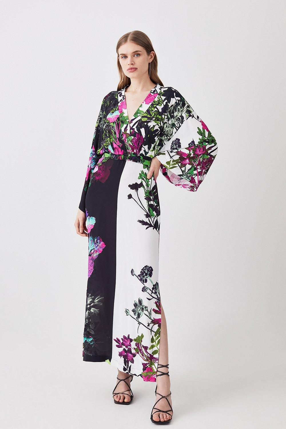 Высокое монохромное тканое платье-миди-кимоно с цветочными блоками Karen Millen, мультиколор