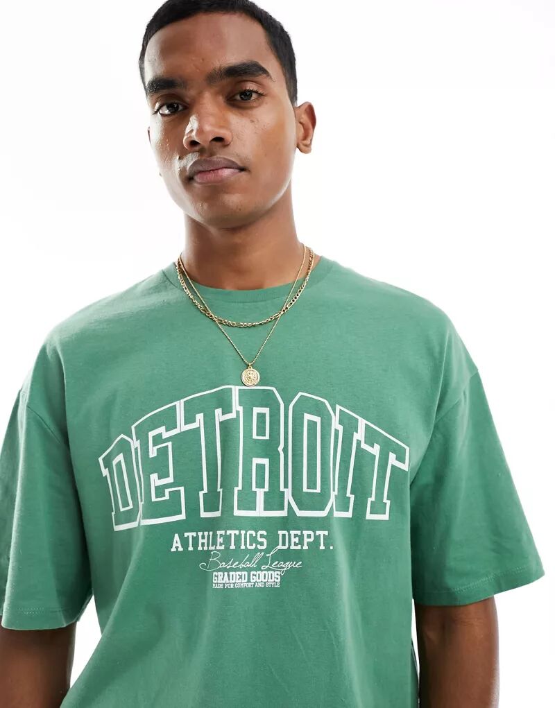 Зеленая футболка оверсайз Jack & Jones с принтом Detroit