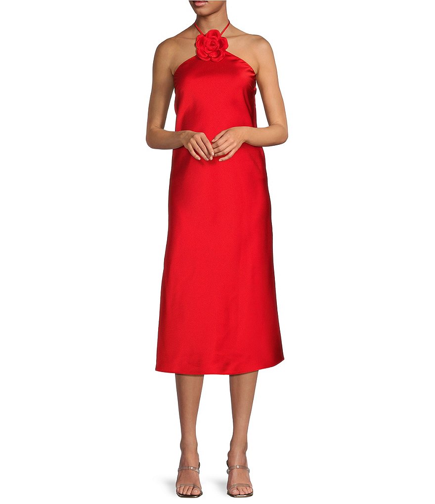 Атласное платье миди без рукавов с воротником-розеткой Lucy Paris, красный