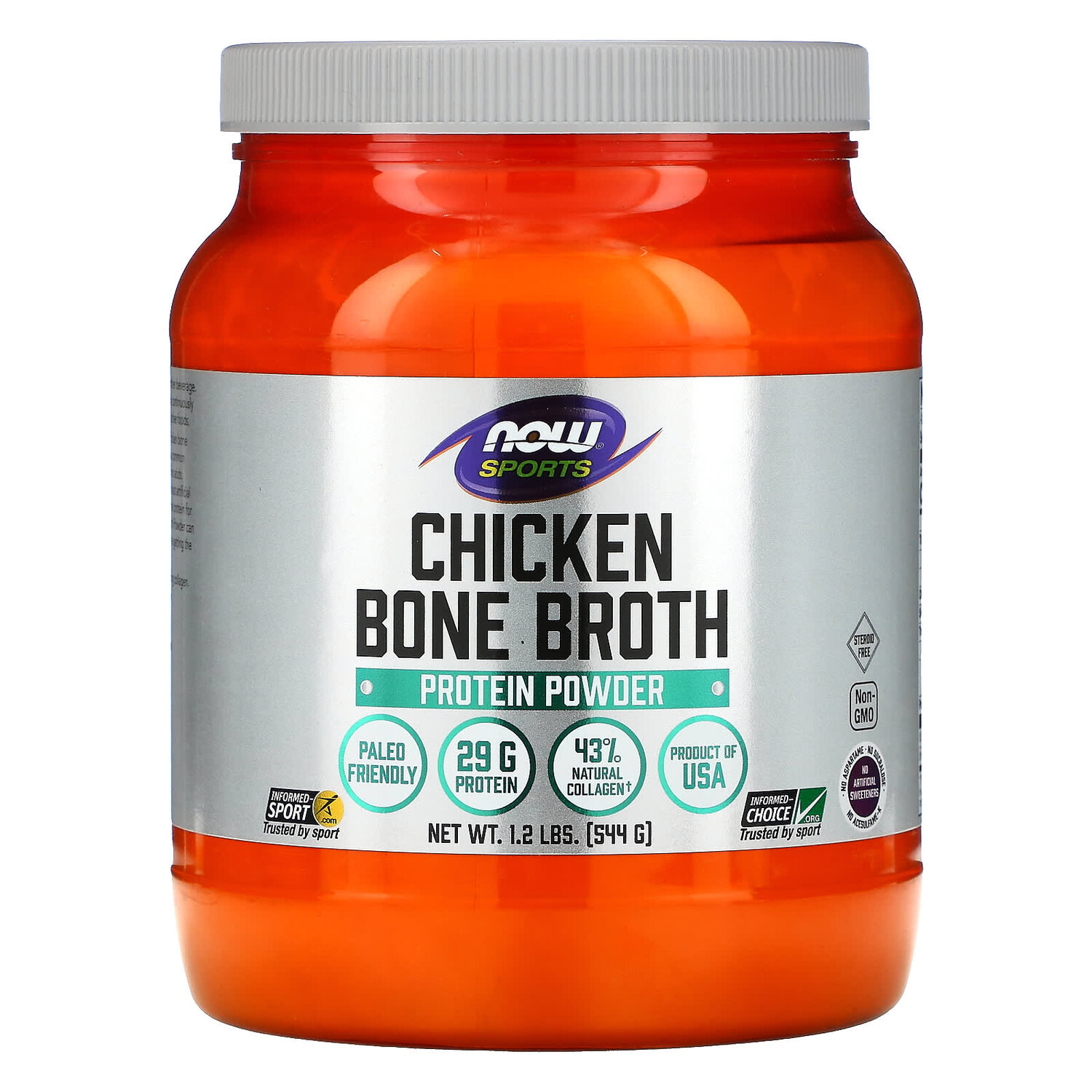 

Sports, протеиновый порошок из куриного костного бульона, 544 г (1,2 фунта), NOW Foods