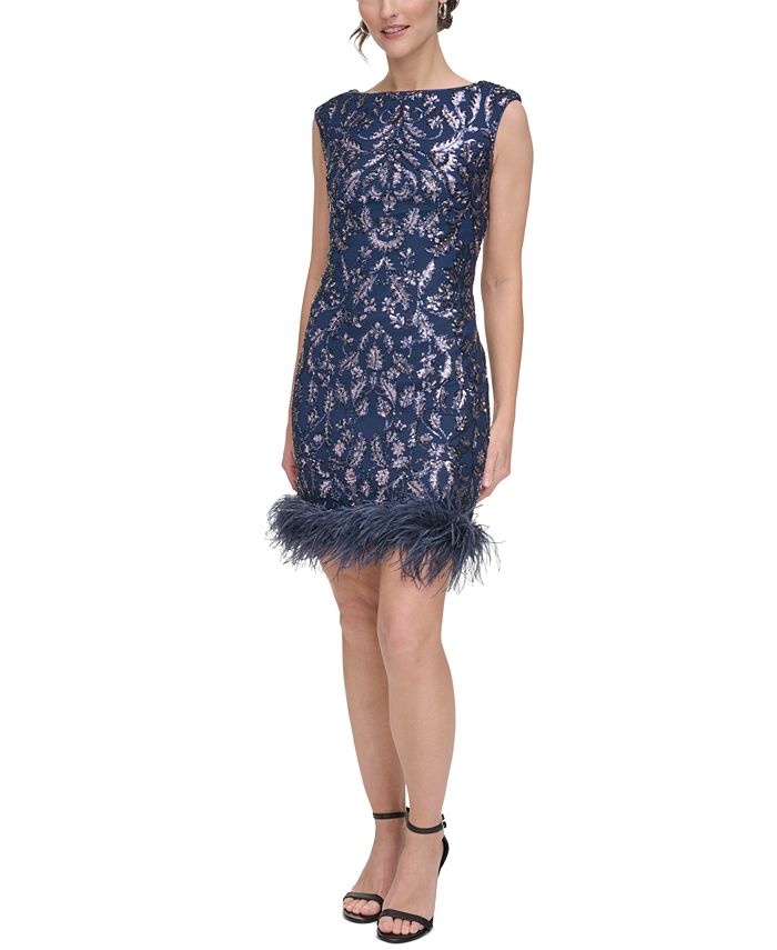 Женское платье-футляр с отделкой перьями и пайетками Eliza J, синий