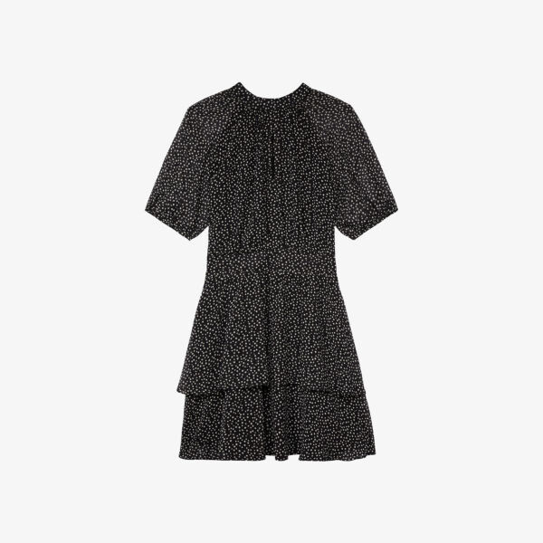 

Тканое платье мини в горошек с объемными рукавами The Kooples, черный