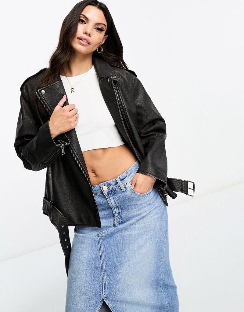

Черная байкерская куртка оверсайз из стираной искусственной кожи Miss Selfridge