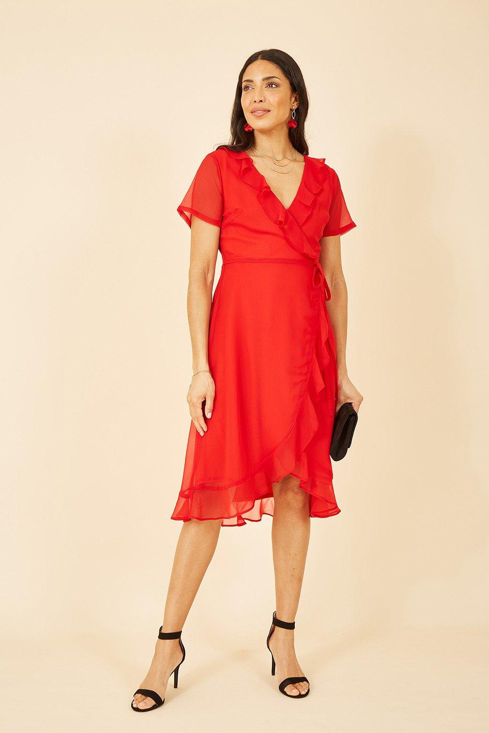 Красное платье с запахом и оборками Yumi, красный платье с запахом и рисунком m красный