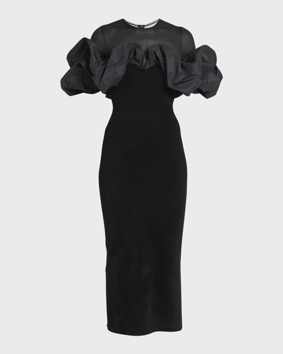 

Платье миди из бархата и сетки с рюшами Alexander McQueen