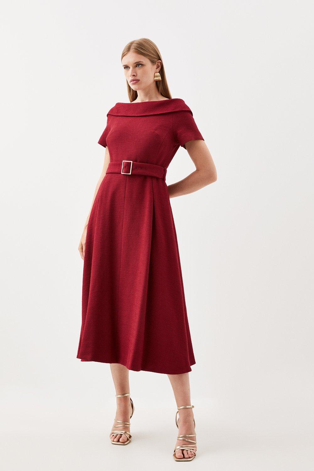 Твидовое платье миди с высоким воротником и поясом и пышной юбкой Karen Millen, красный