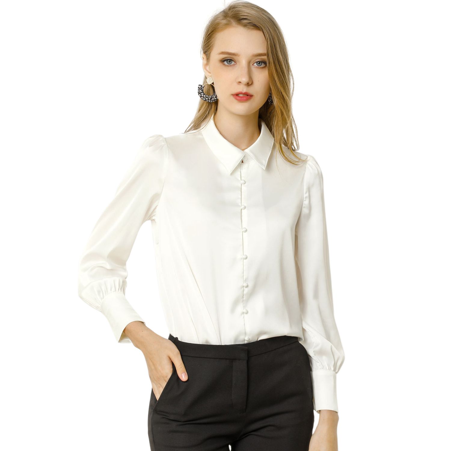 Женская атласная рубашка на пуговицах с длинным рукавом и воротником-стойкой ALLEGRA K