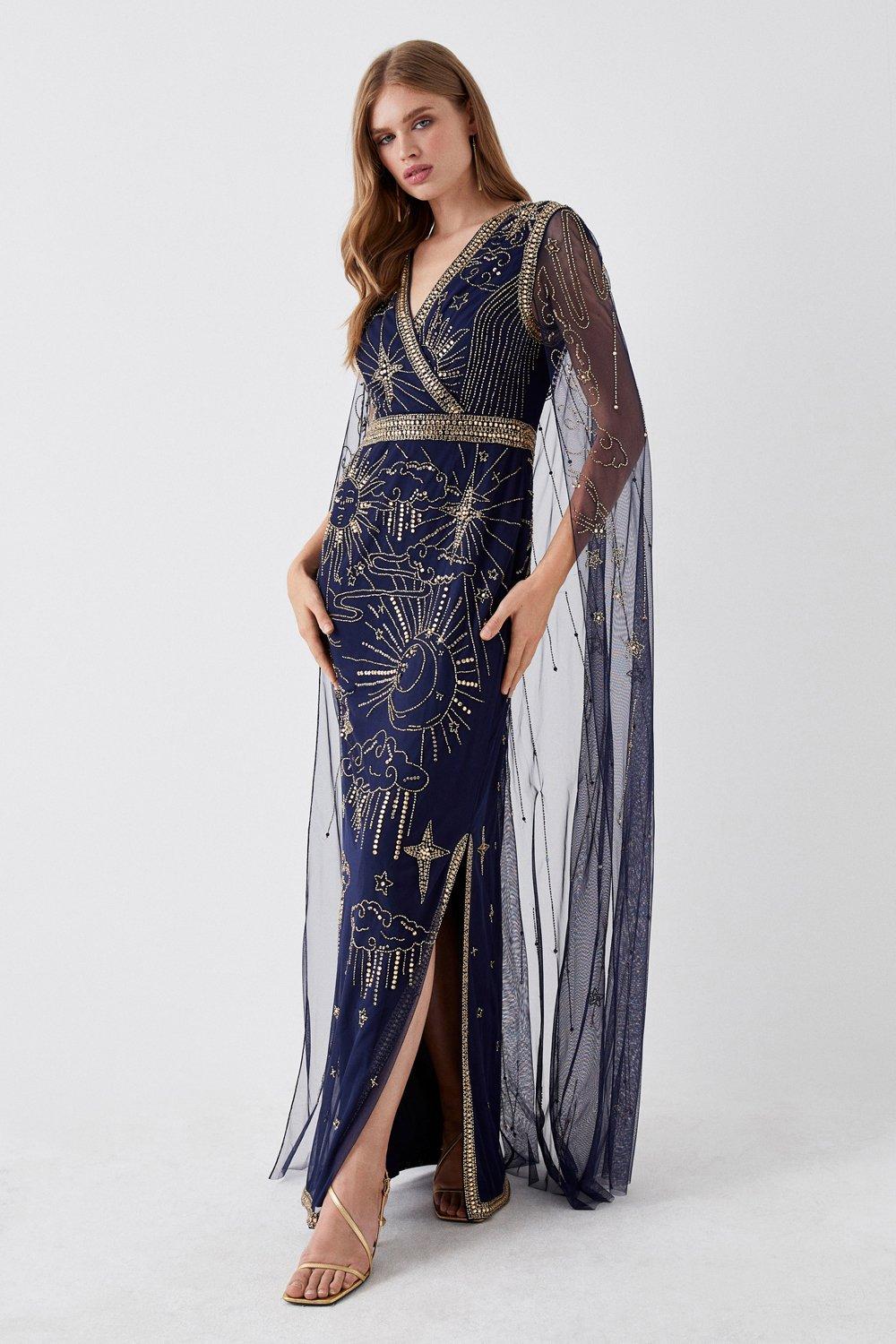 Платье макси из сетчатой ​​ткани с накидкой на спине и украшениями Coast, темно-синий