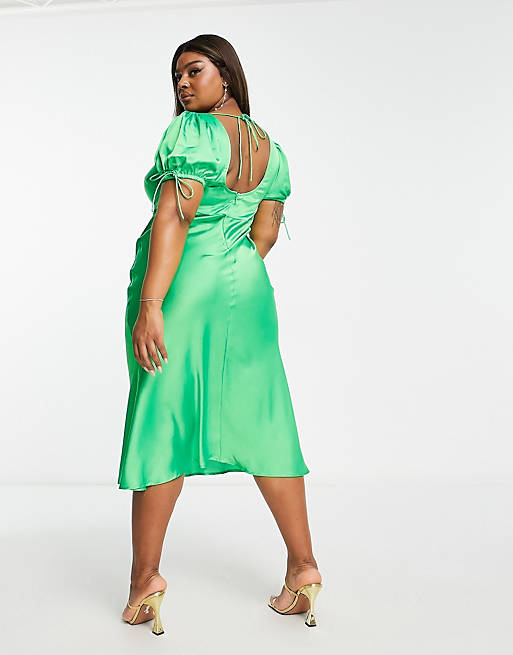 цена Зеленое атласное чайное платье миди с закрученной передней частью ASOS DESIGN Curve