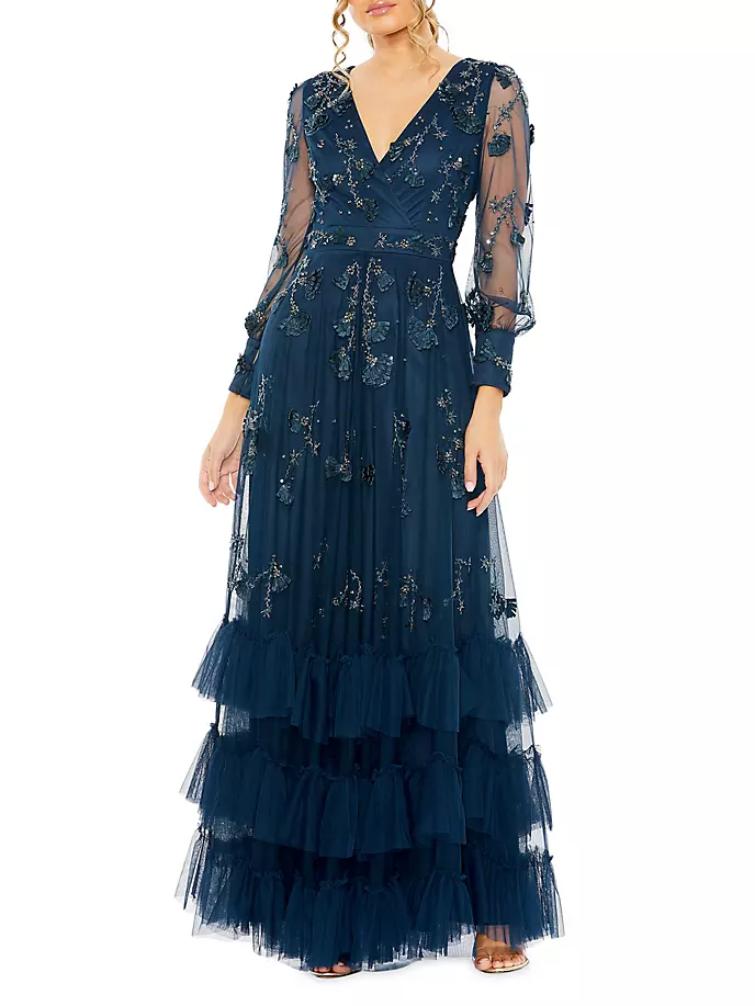 

Украшенное платье А-силуэта с длинными рукавами Mac Duggal, цвет twilight