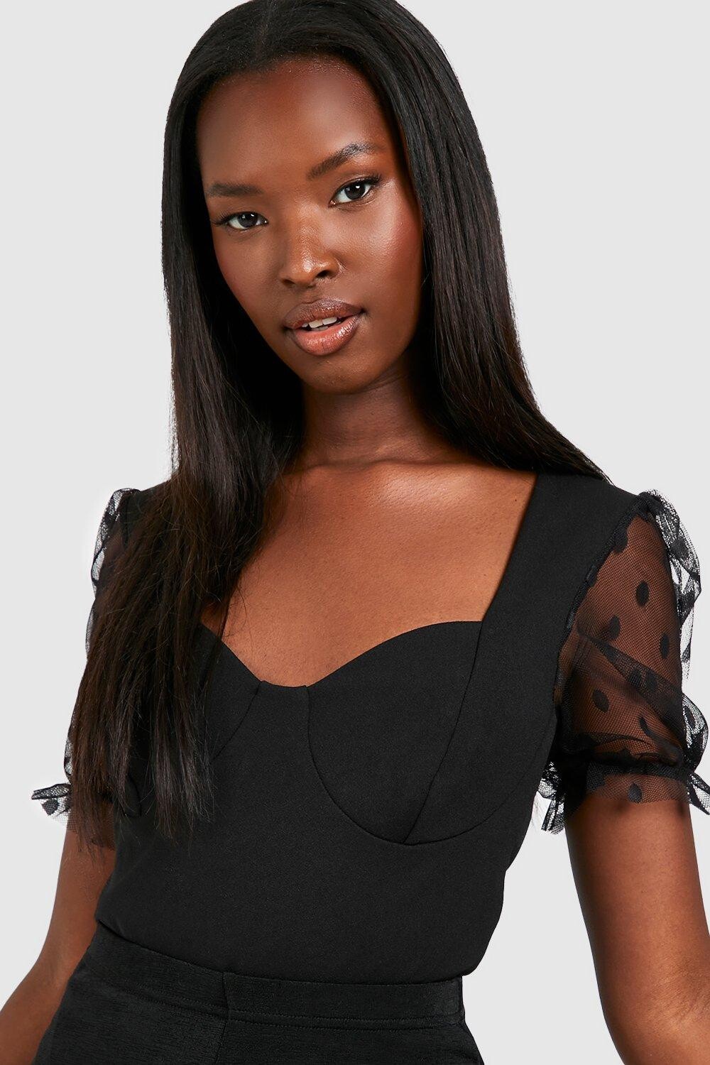 

Боди dobby mesh с светлым вырезом Boohoo, черный