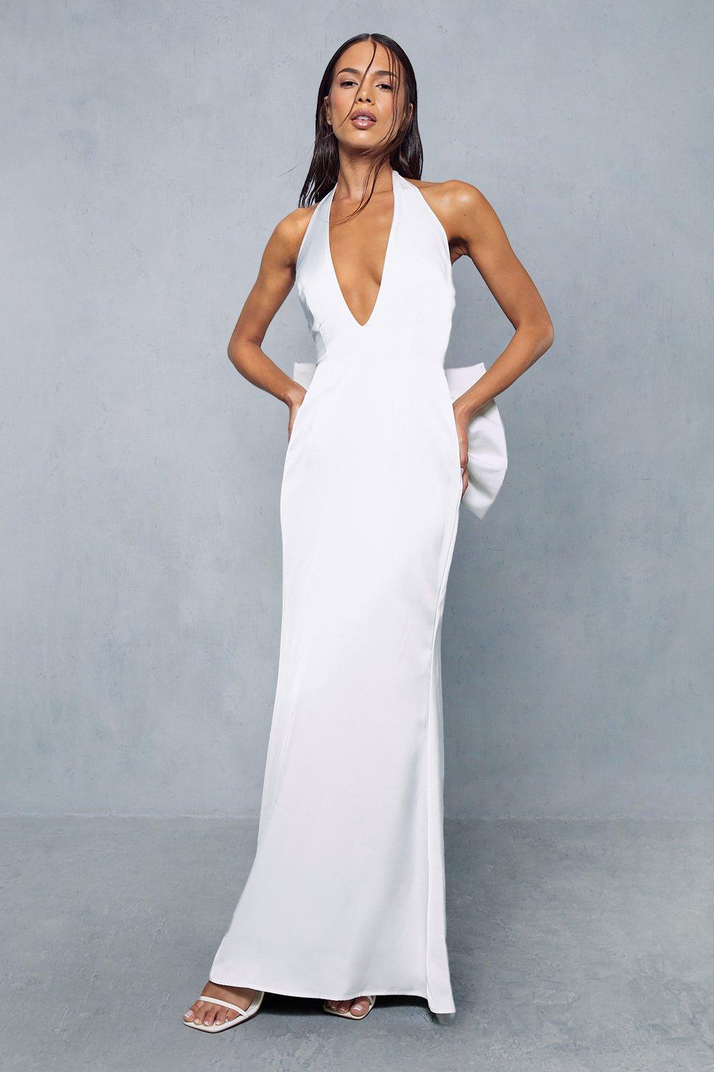Атласное платье премиум-класса с вырезом халтер и открытой спиной и бантом MISSPAP, белый